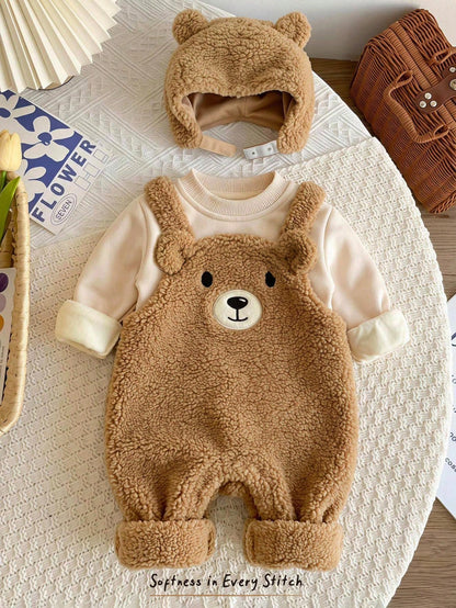 Cozy Pixies Baby Girl Cartoon Bear Pattern Thermal Lined Thick Overalls & Long Sleeve Hat 2pcs Set