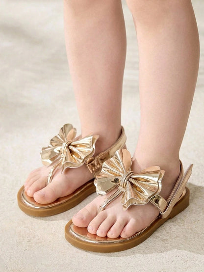 Cozy Pixies Fashionable And Versatile Casual Fun Golden Bow Flip-Flops Three-Dimensional Princess Style Golden Girls Baby Flat Sandals Suitable For Summer