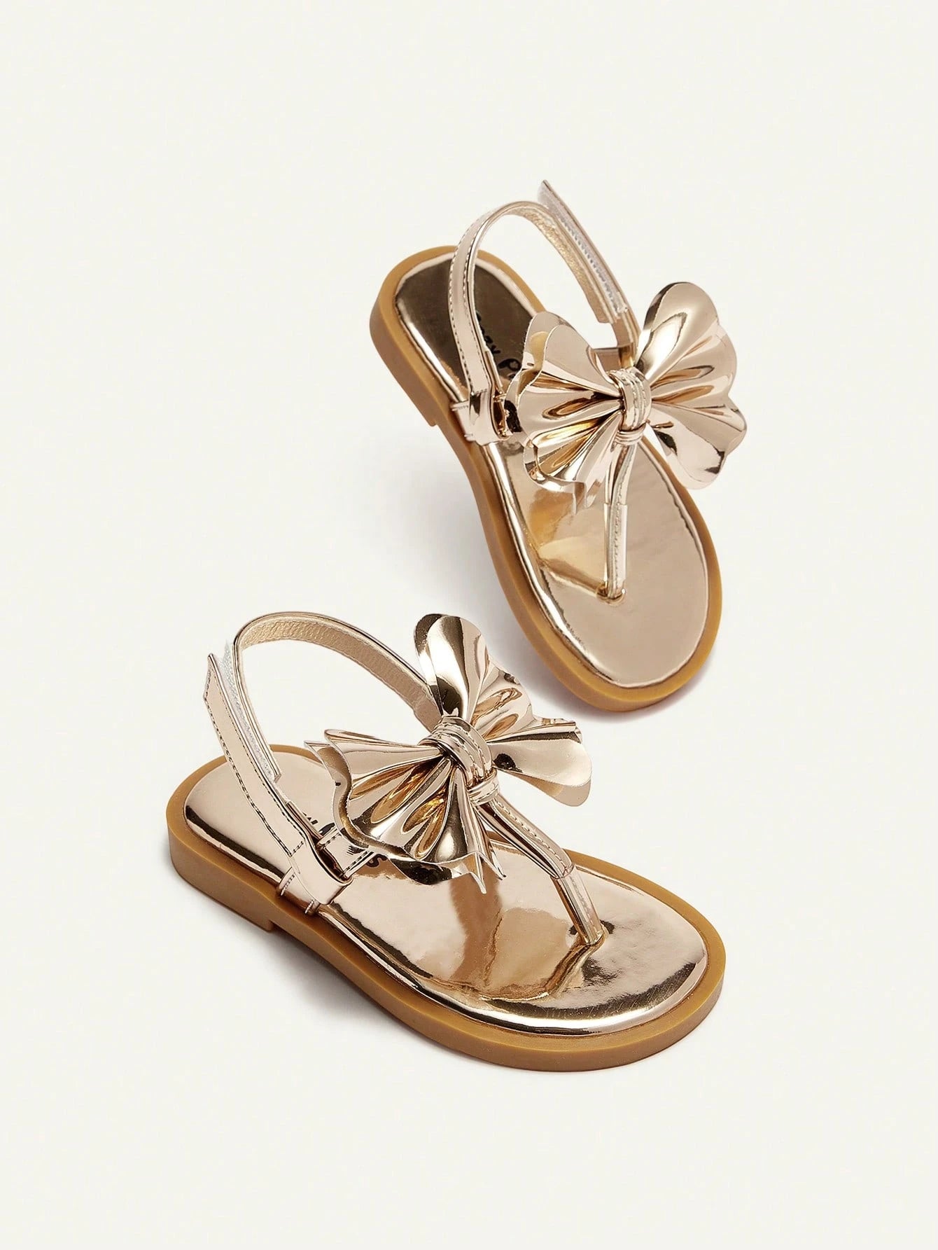 Cozy Pixies Fashionable And Versatile Casual Fun Golden Bow Flip-Flops Three-Dimensional Princess Style Golden Girls Baby Flat Sandals Suitable For Summer