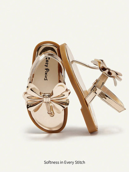 Cozy Pixies Fashionable And Versatile Casual Fun Golden Bow Flip-Flops Three-Dimensional Princess Style Golden Girls Baby Flat Sandals Suitable For Summer