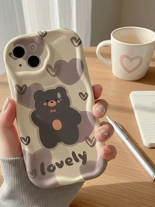 Creative Cartoon Heart Grey Bear Pattern Cream TPU Soft Silicone Full Coverage Asymmetric Wavy Edge Screen Edge Protection Phone Case Compatible With IPhone 7/8/X/11/12/13/14/15/16/17 Series, A14/A15