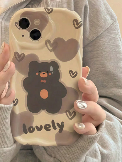 Creative Cartoon Heart Grey Bear Pattern Cream TPU Soft Silicone Full Coverage Asymmetric Wavy Edge Screen Edge Protection Phone Case Compatible With IPhone 7/8/X/11/12/13/14/15/16/17 Series, A14/A15
