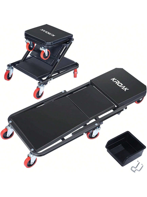 Creeper, 36 Inches 2 In 1 Z Creeper Seat 330 Lbs Capacity Garage Chair Adjustable Rolling Folding Car Creeper With 6 Pcs TPR Wheels,Lay Down Or Sit For Garage, Shop, Auto Repair Black