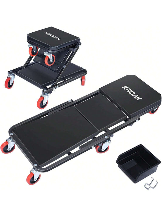 Creeper, 36 Inches 2 In 1 Z Creeper Seat 330 Lbs Capacity Garage Chair Adjustable Rolling Folding Car Creeper With 6 Pcs TPR Wheels,Lay Down Or Sit For Garage, Shop, Auto Repair Black