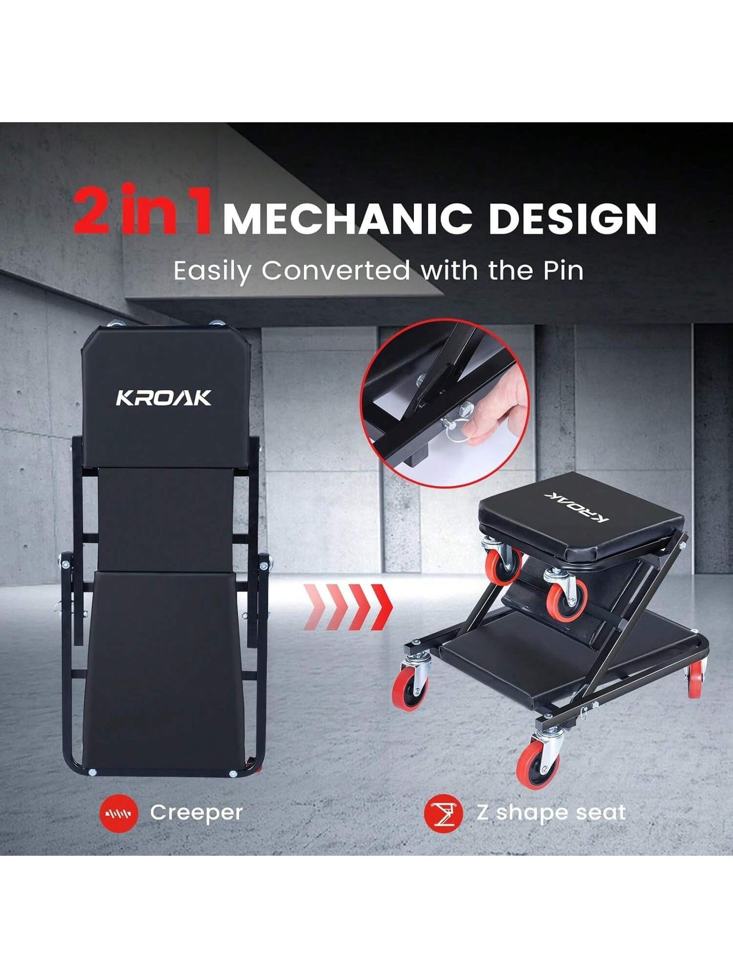 Creeper, 36 Inches 2 In 1 Z Creeper Seat 330 Lbs Capacity Garage Chair Adjustable Rolling Folding Car Creeper With 6 Pcs TPR Wheels,Lay Down Or Sit For Garage, Shop, Auto Repair Black