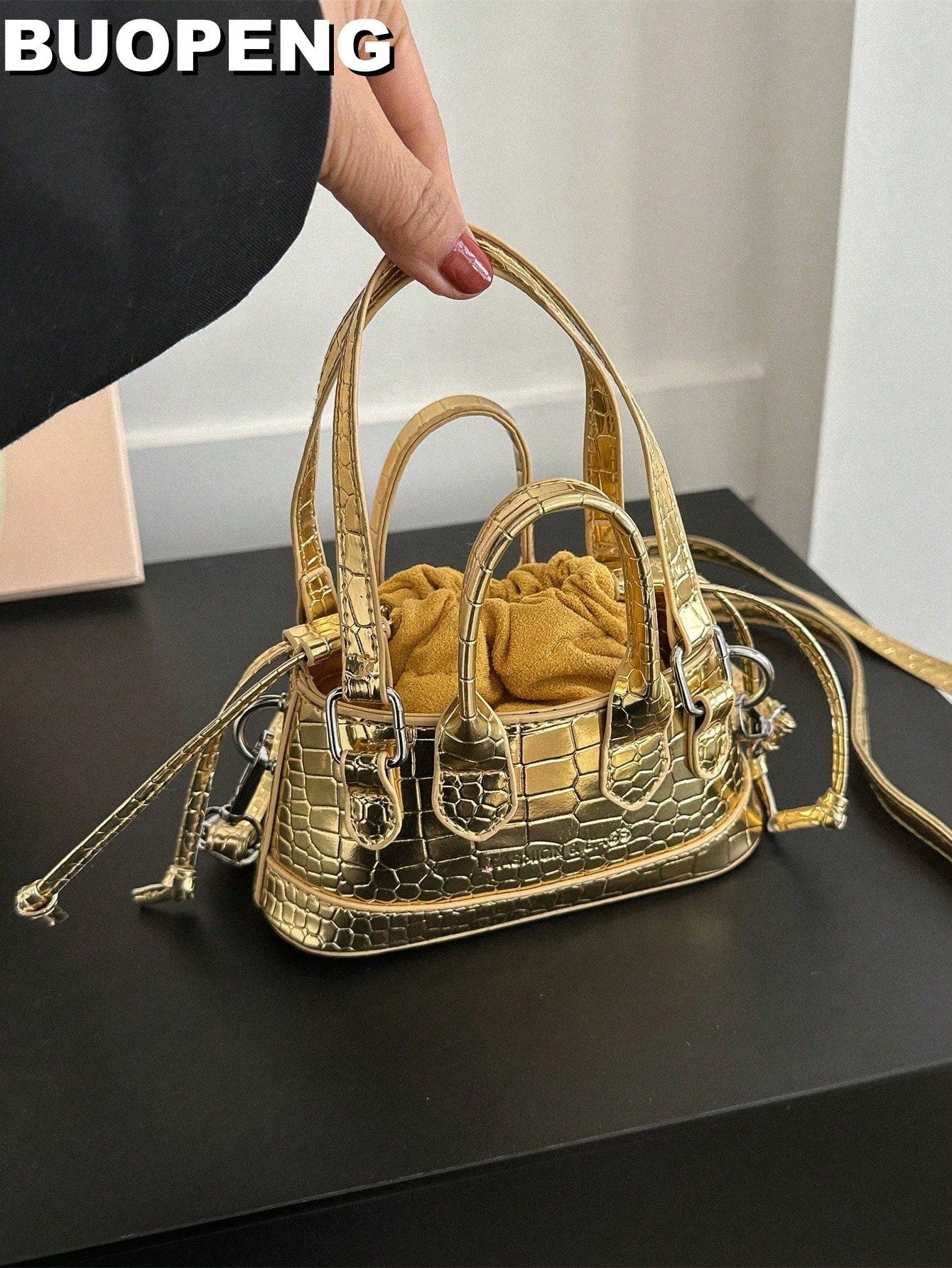 Crocodile Embossed Bucket Bag Mini Drawstring Design Funky