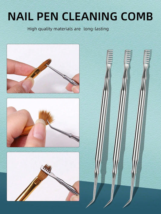 Crystal Pen Stainless Steel Cleaning Comb With Dual-Ended Brush And Pen For Crystal Liquid, Corrosion Resistant. Combined With Steel Needle & Eyebrow Comb,Nail Supplies,Nail Tools,Nail Art Tools,Back