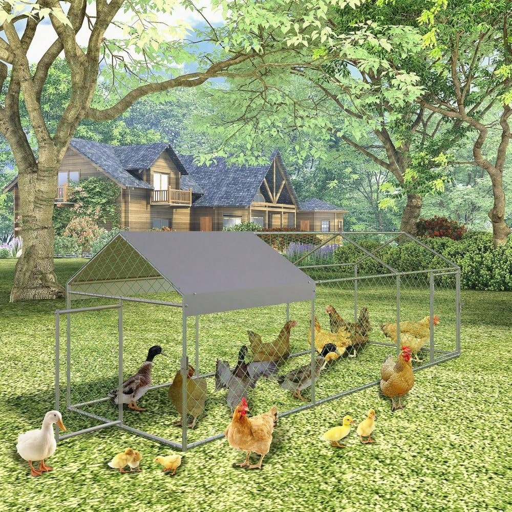 CuisinSmart Large Metal With Compartments And Doors, Outdoor Galvanized Steel Poultry Cage For Backyard, Predator-Proof Hen House Run For Chickens, Ducks, And Rabbits
