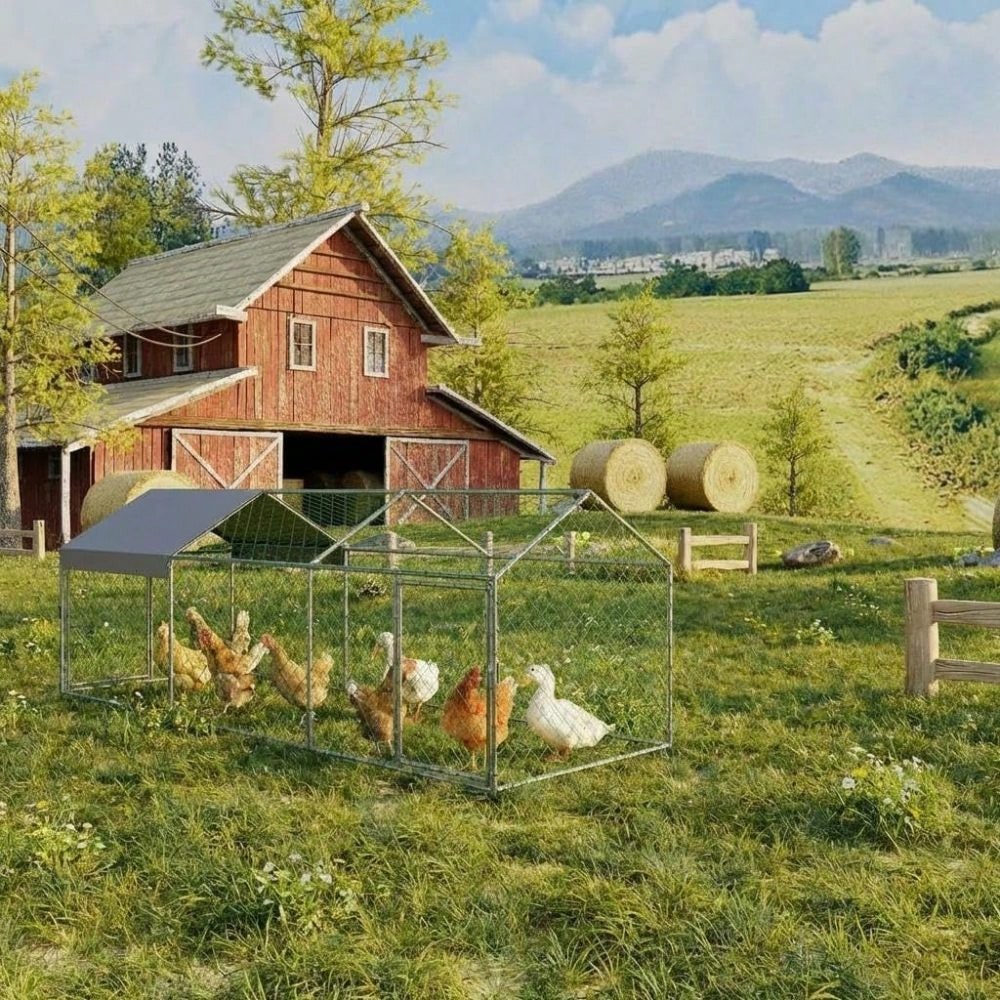 CuisinSmart Large Metal With Compartments And Doors, Outdoor Galvanized Steel Poultry Cage For Backyard, Predator-Proof Hen House Run For Chickens, Ducks, And Rabbits