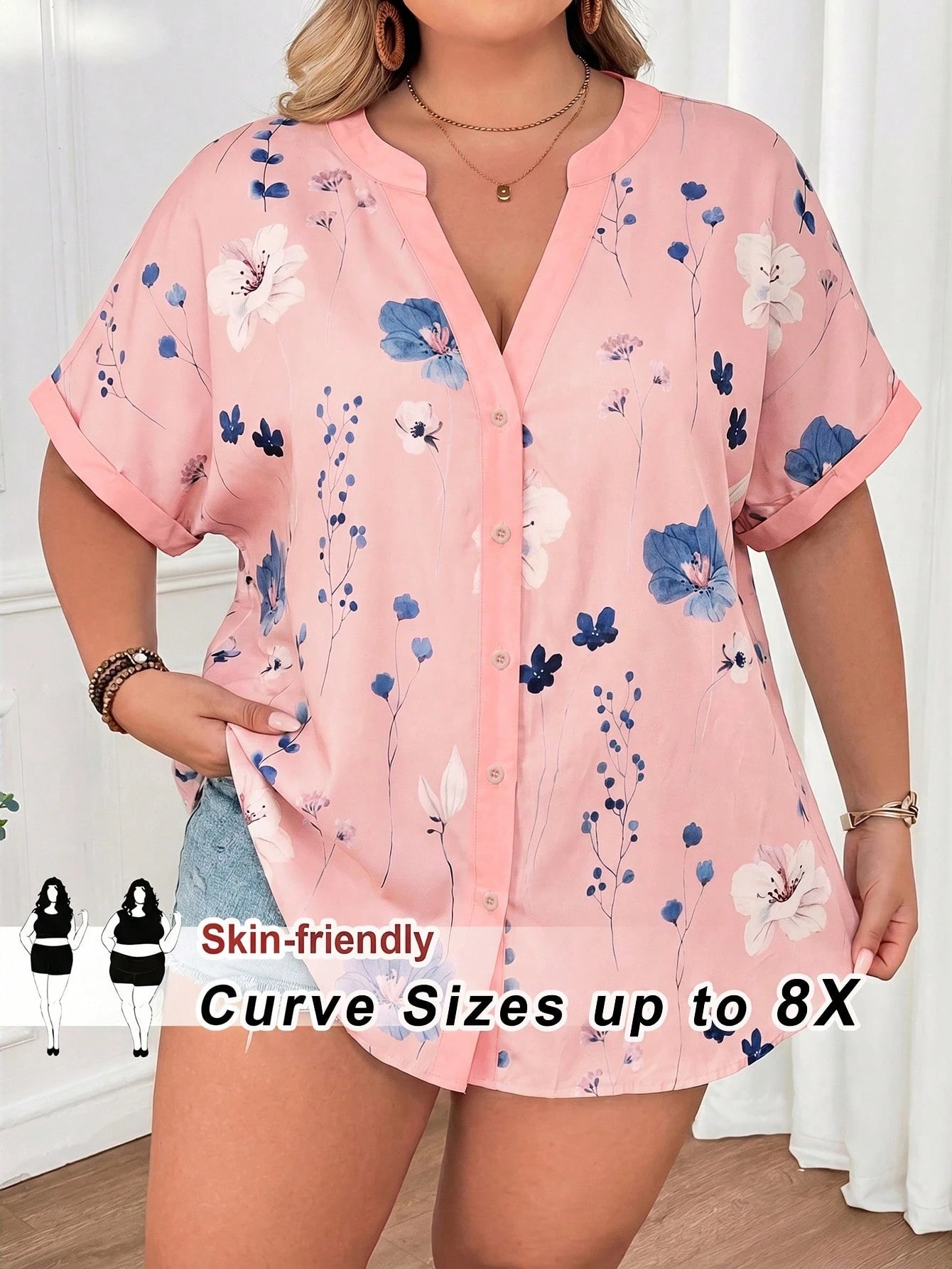 CURVE+ Plus Size Women Casual Loose Floral Print Short Sleeve Blouse, Spring/Summer Teacher Uniform