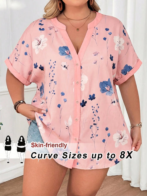 CURVE+ Plus Size Women Casual Loose Floral Print Short Sleeve Blouse, Spring/Summer Teacher Uniform