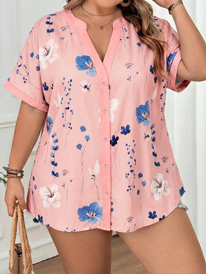 CURVE+ Plus Size Women Casual Loose Floral Print Short Sleeve Blouse, Spring/Summer Teacher Uniform
