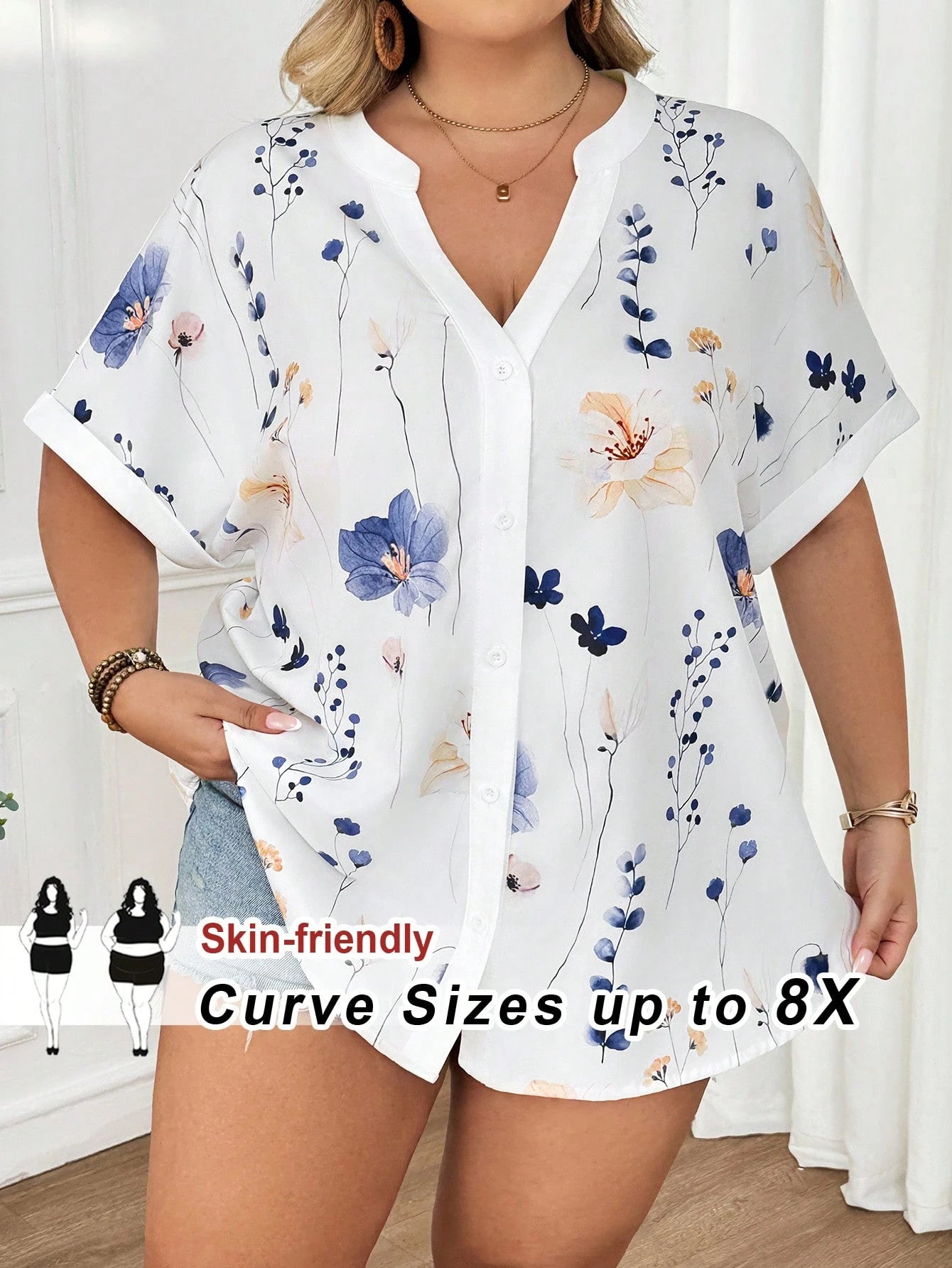 CURVE+ Plus Size Women Casual Loose Floral Print Short Sleeve Blouse, Spring/Summer Teacher Uniform