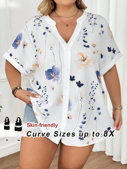 CURVE+ Plus Size Women Casual Loose Floral Print Short Sleeve Blouse, Spring/Summer Teacher Uniform