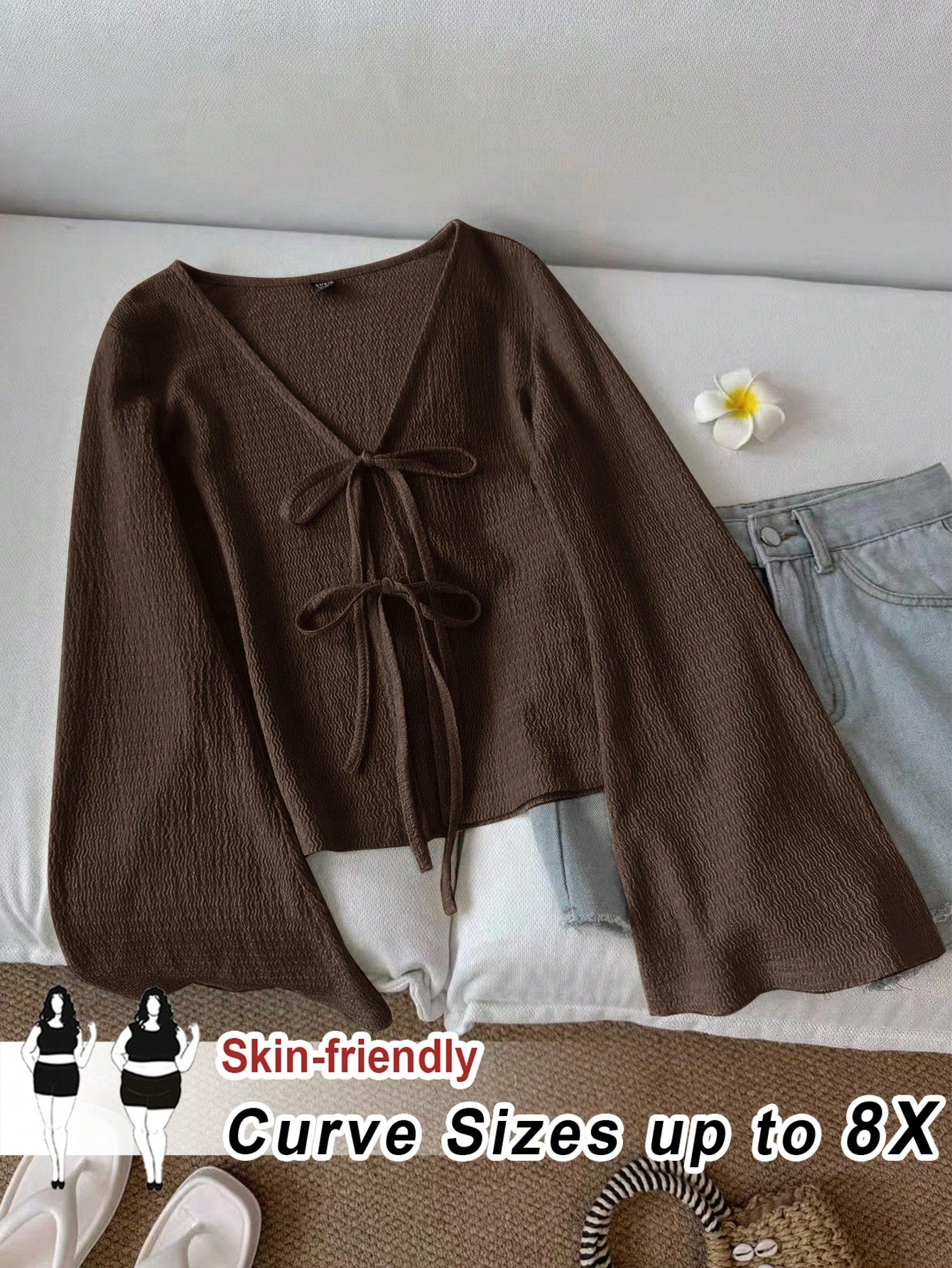 CURVE+ Plus Size Women Casual Tie Front Flare Sleeve Top Bow Clothes Brown Top Dark Brown Top Chocolate Brown Top Fall
