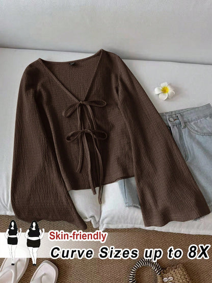 CURVE+ Plus Size Women Casual Tie Front Flare Sleeve Top Bow Clothes Brown Top Dark Brown Top Chocolate Brown Top Fall