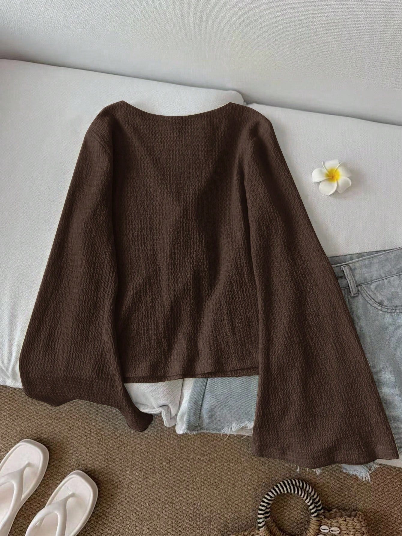 CURVE+ Plus Size Women Casual Tie Front Flare Sleeve Top Bow Clothes Brown Top Dark Brown Top Chocolate Brown Top Fall