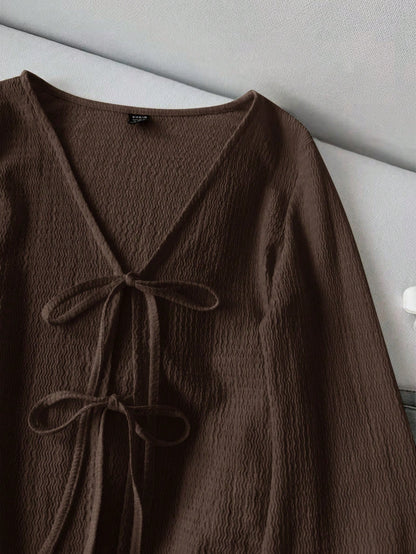CURVE+ Plus Size Women Casual Tie Front Flare Sleeve Top Bow Clothes Brown Top Dark Brown Top Chocolate Brown Top Fall
