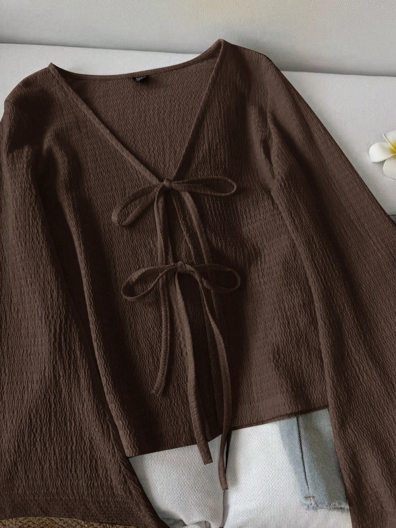 CURVE+ Plus Size Women Casual Tie Front Flare Sleeve Top Bow Clothes Brown Top Dark Brown Top Chocolate Brown Top Fall