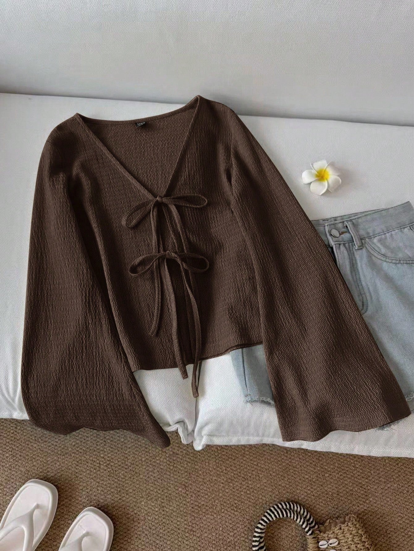 CURVE+ Plus Size Women Casual Tie Front Flare Sleeve Top Bow Clothes Brown Top Dark Brown Top Chocolate Brown Top Fall
