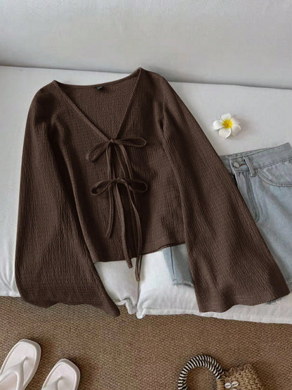 CURVE+ Plus Size Women Casual Tie Front Flare Sleeve Top Bow Clothes Brown Top Dark Brown Top Chocolate Brown Top Fall