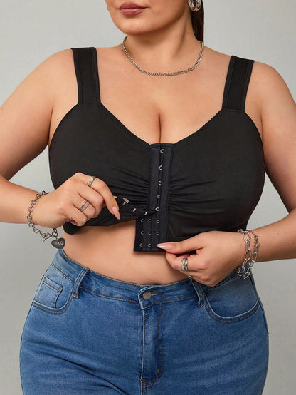 CURVE+ Plus Size Women's Casual Daily Commuting Office Bussines Pleated Chest Circumference 3-Button Cut Loose Vest Black Summer