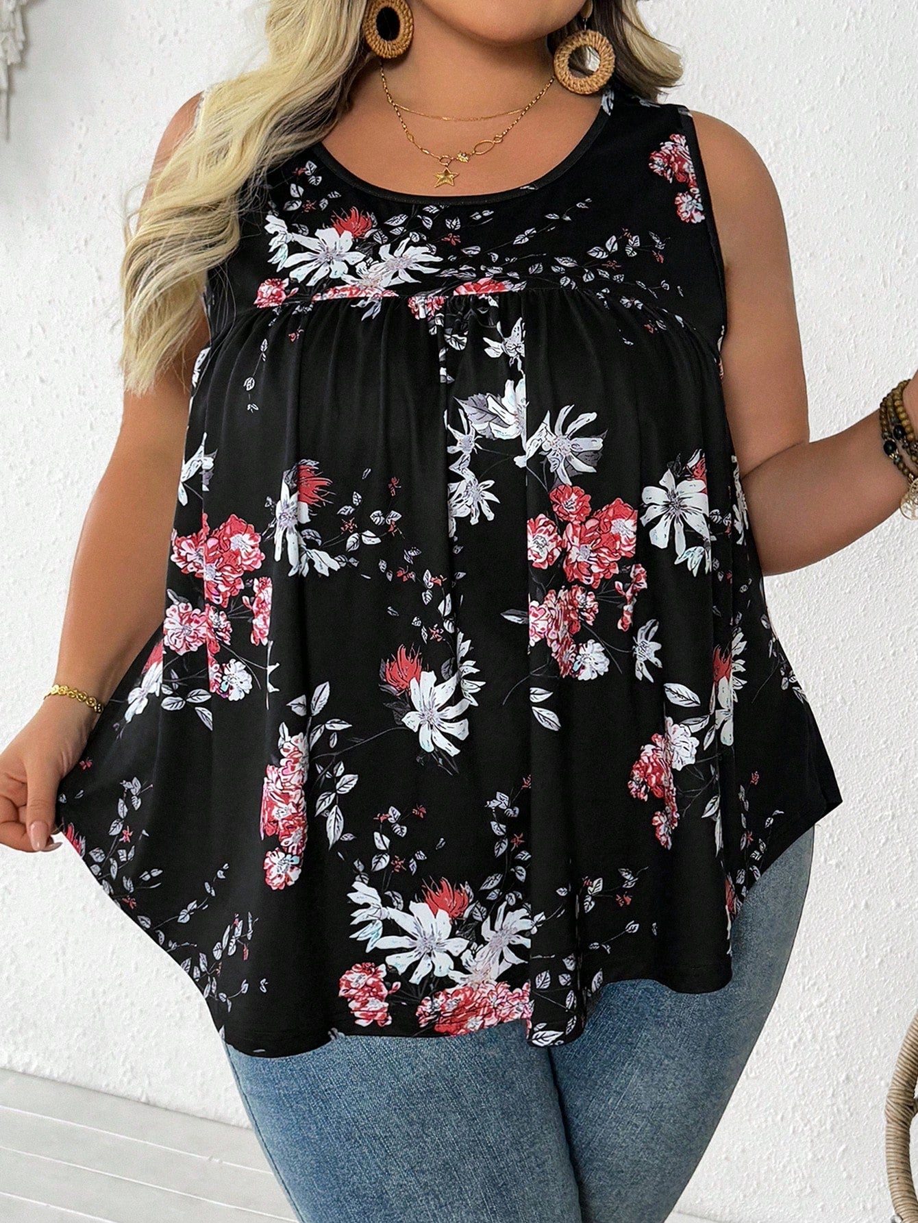 CURVE+ Plus Size Women's Summer Pleated Women's Camisole Top, Curve Plus, Boho Casual Vacation Vacation Bussines Black And White
