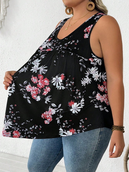 CURVE+ Plus Size Women's Summer Pleated Women's Camisole Top, Curve Plus, Boho Casual Vacation Vacation Bussines Black And White