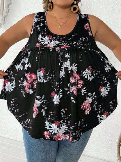 CURVE+ Plus Size Women's Summer Pleated Women's Camisole Top, Curve Plus, Boho Casual Vacation Vacation Bussines Black And White