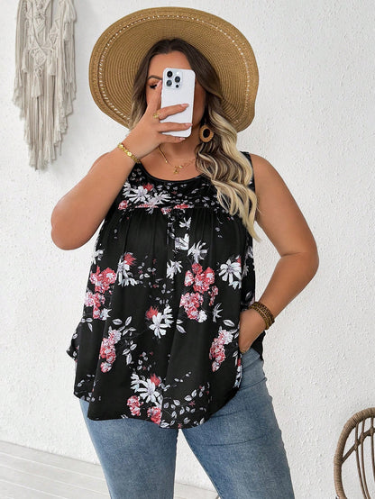 CURVE+ Plus Size Women's Summer Pleated Women's Camisole Top, Curve Plus, Boho Casual Vacation Vacation Bussines Black And White