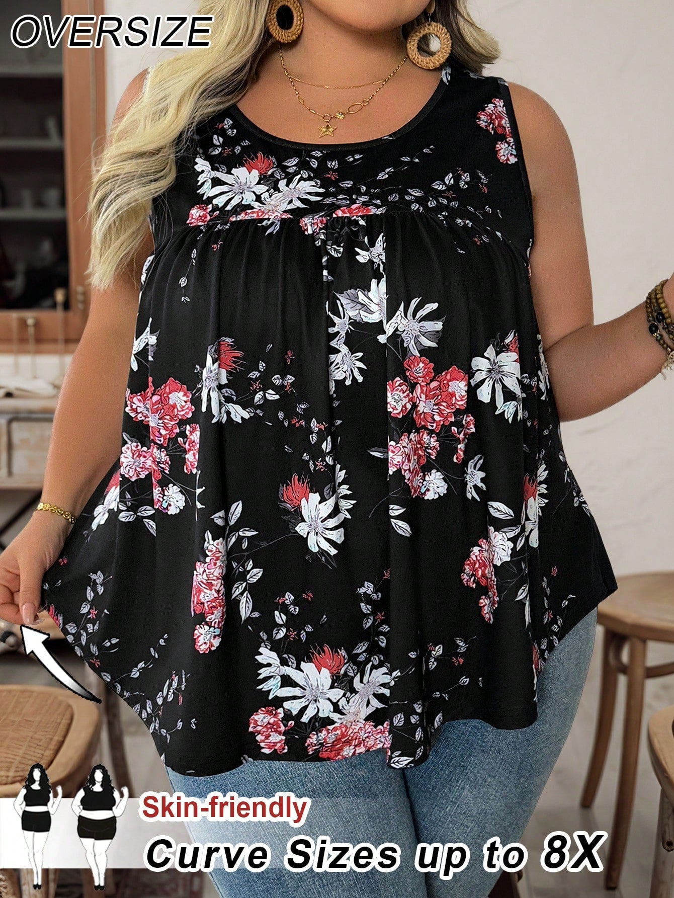 CURVE+ Plus Size Women's Summer Pleated Women's Camisole Top, Curve Plus, Boho Casual Vacation Vacation Bussines Black And White