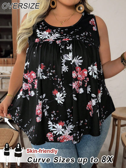 CURVE+ Plus Size Women's Summer Pleated Women's Camisole Top, Curve Plus, Boho Casual Vacation Vacation Bussines Black And White