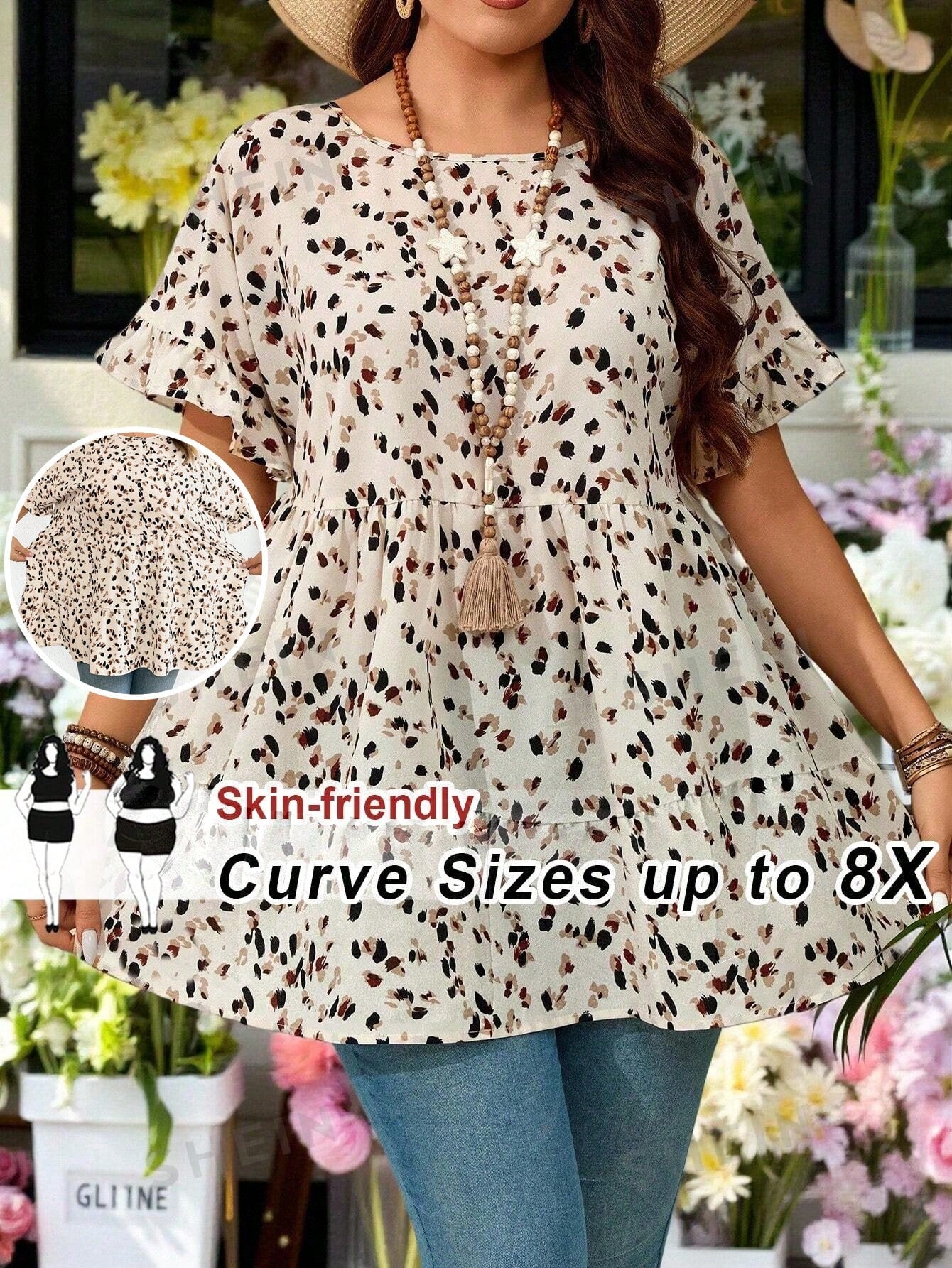 CURVE+ Plus Size Women's Summer Vacation Leisure Smocked Ditsy Floral Lantern Sleeve Vintage Shirts Boho Cute Tops Cheetah Print Curve Vacation Beige