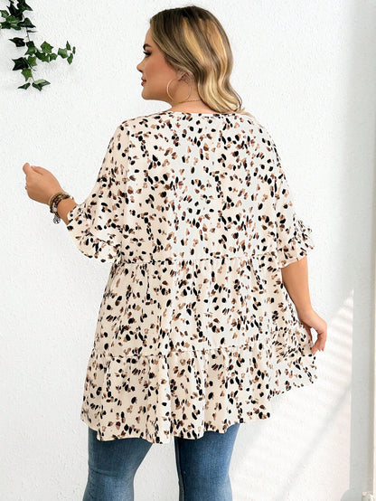 CURVE+ Plus Size Women's Summer Vacation Leisure Smocked Ditsy Floral Lantern Sleeve Vintage Shirts Boho Cute Tops Cheetah Print Curve Vacation Beige