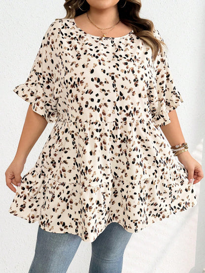 CURVE+ Plus Size Women's Summer Vacation Leisure Smocked Ditsy Floral Lantern Sleeve Vintage Shirts Boho Cute Tops Cheetah Print Curve Vacation Beige