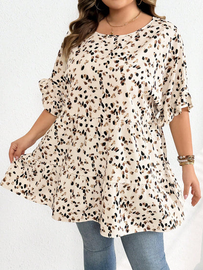 CURVE+ Plus Size Women's Summer Vacation Leisure Smocked Ditsy Floral Lantern Sleeve Vintage Shirts Boho Cute Tops Cheetah Print Curve Vacation Beige