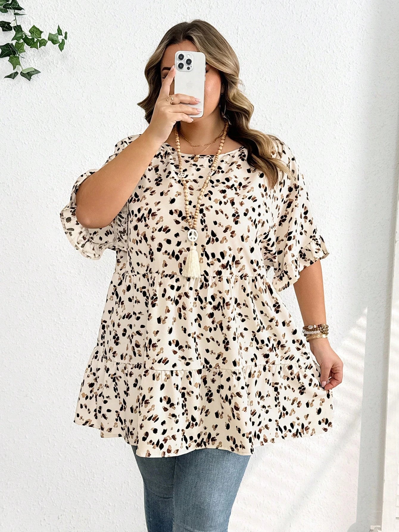 CURVE+ Plus Size Women's Summer Vacation Leisure Smocked Ditsy Floral Lantern Sleeve Vintage Shirts Boho Cute Tops Cheetah Print Curve Vacation Beige