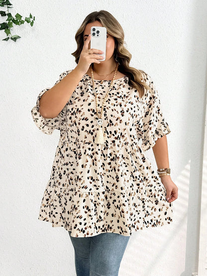 CURVE+ Plus Size Women's Summer Vacation Leisure Smocked Ditsy Floral Lantern Sleeve Vintage Shirts Boho Cute Tops Cheetah Print Curve Vacation Beige