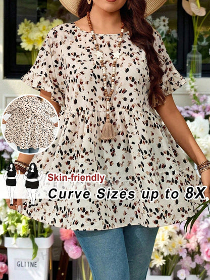 CURVE+ Plus Size Women's Summer Vacation Leisure Smocked Ditsy Floral Lantern Sleeve Vintage Shirts Boho Cute Tops Cheetah Print Curve Vacation Beige