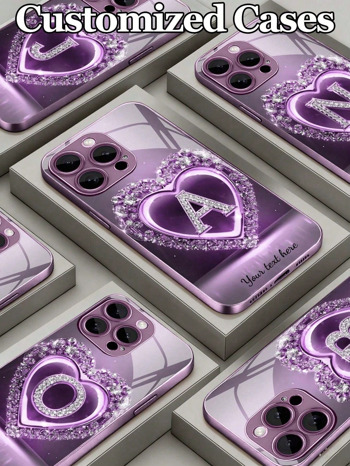Customizable Name & 26 Letters Design Purple Rhinestone Heart Pattern Tempered Glass Phone Case, Compatible With 16 ProMax/15 Pro/14/13/12/11/Xs Max/8/7/6 Plus, S24/S25 Ultra, Gift For Boyfriend Girlf