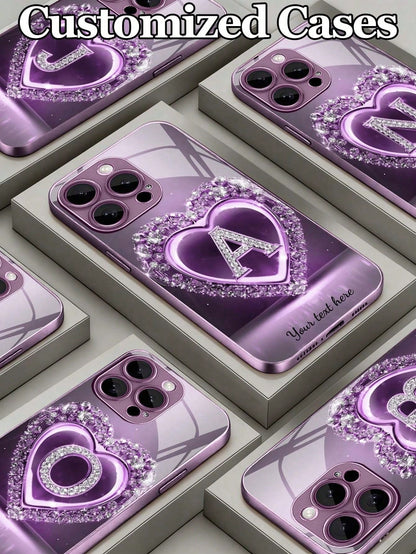 Customizable Name & 26 Letters Design Purple Rhinestone Heart Pattern Tempered Glass Phone Case, Compatible With 16 ProMax/15 Pro/14/13/12/11/Xs Max/8/7/6 Plus, S24/S25 Ultra, Gift For Boyfriend Girlf