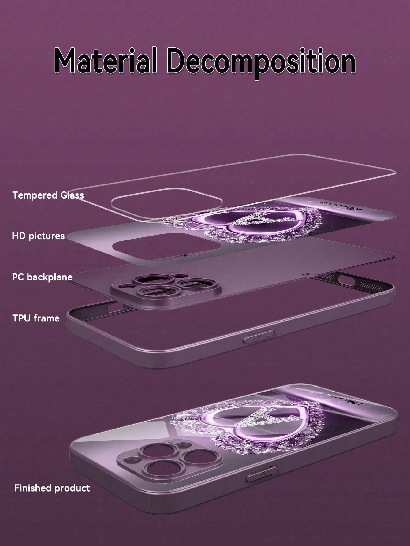 Customizable Name & 26 Letters Design Purple Rhinestone Heart Pattern Tempered Glass Phone Case, Compatible With 16 ProMax/15 Pro/14/13/12/11/Xs Max/8/7/6 Plus, S24/S25 Ultra, Gift For Boyfriend Girlf