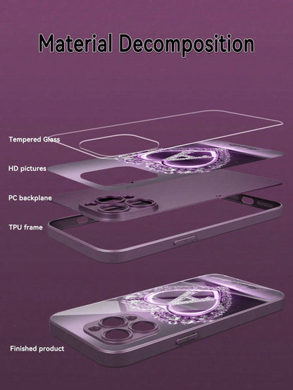 Customizable Name & 26 Letters Design Purple Rhinestone Heart Pattern Tempered Glass Phone Case, Compatible With 16 ProMax/15 Pro/14/13/12/11/Xs Max/8/7/6 Plus, S24/S25 Ultra, Gift For Boyfriend Girlf