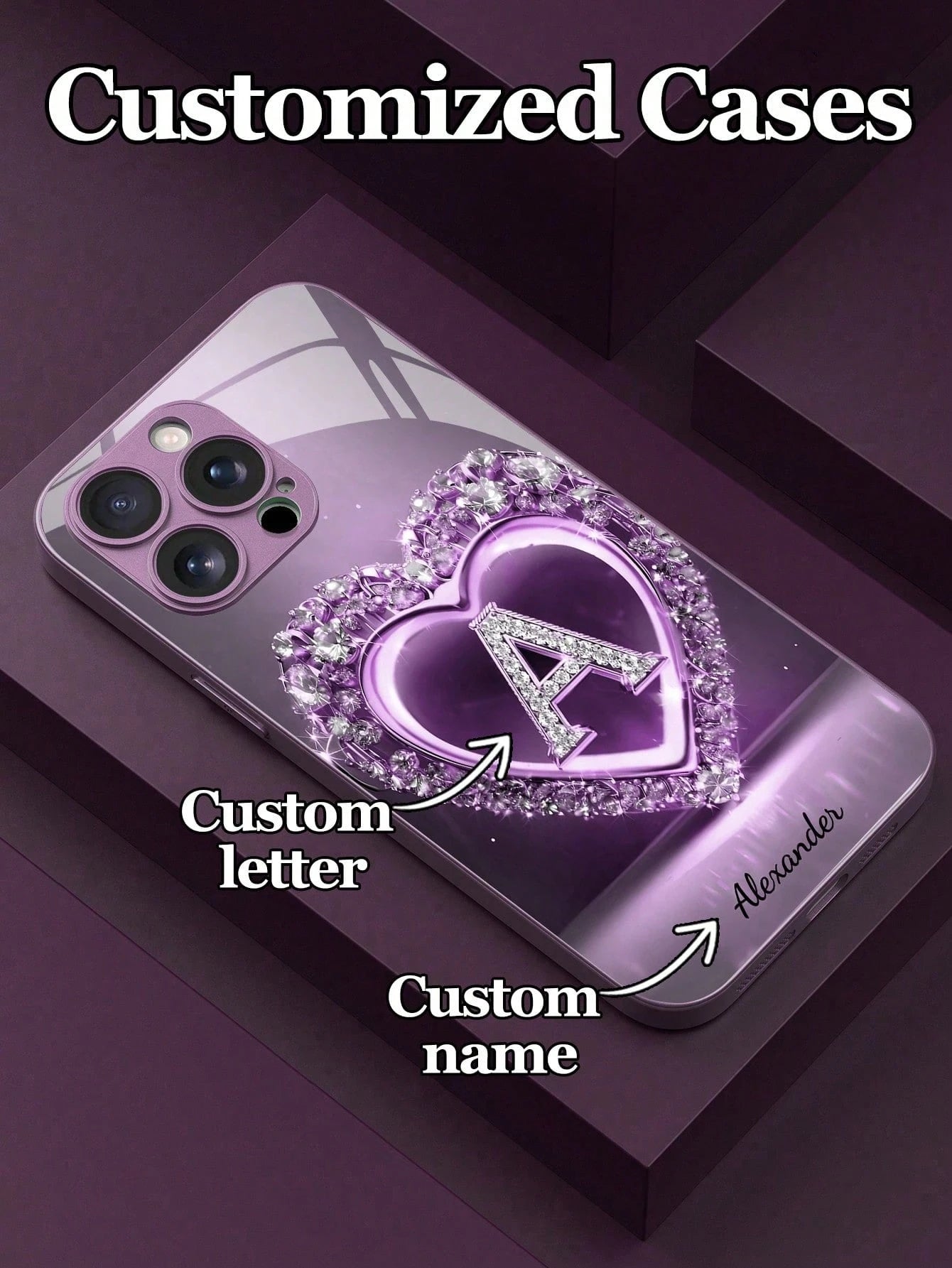 Customizable Name & 26 Letters Design Purple Rhinestone Heart Pattern Tempered Glass Phone Case, Compatible With 16 ProMax/15 Pro/14/13/12/11/Xs Max/8/7/6 Plus, S24/S25 Ultra, Gift For Boyfriend Girlf