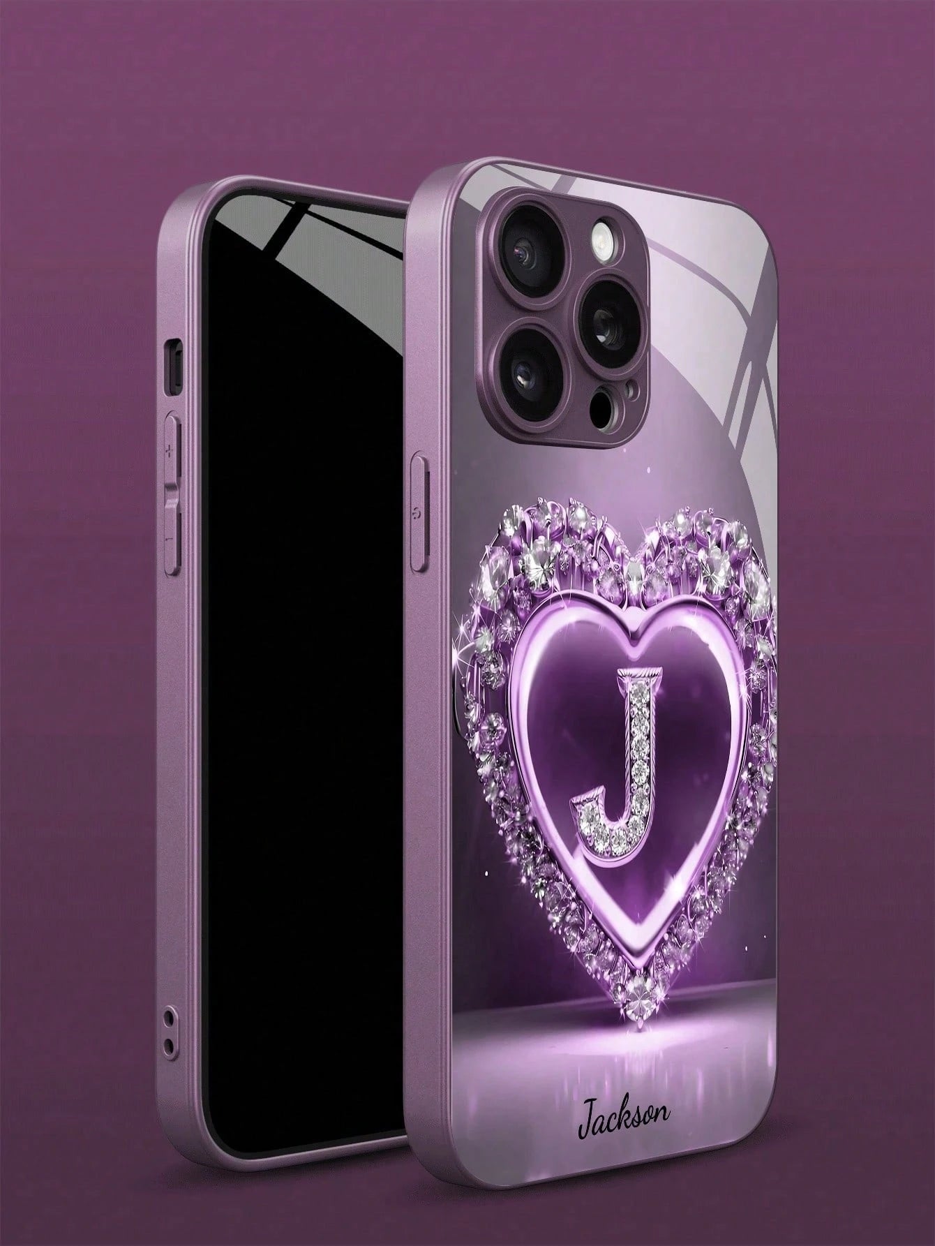 Customizable Name & 26 Letters Design Purple Rhinestone Heart Pattern Tempered Glass Phone Case, Compatible With 16 ProMax/15 Pro/14/13/12/11/Xs Max/8/7/6 Plus, S24/S25 Ultra, Gift For Boyfriend Girlf