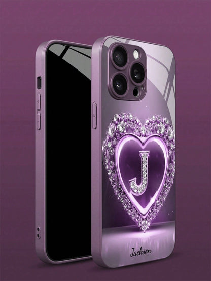 Customizable Name & 26 Letters Design Purple Rhinestone Heart Pattern Tempered Glass Phone Case, Compatible With 16 ProMax/15 Pro/14/13/12/11/Xs Max/8/7/6 Plus, S24/S25 Ultra, Gift For Boyfriend Girlf
