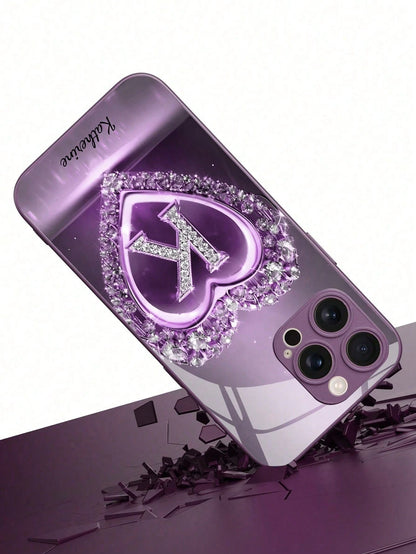 Customizable Name & 26 Letters Design Purple Rhinestone Heart Pattern Tempered Glass Phone Case, Compatible With 16 ProMax/15 Pro/14/13/12/11/Xs Max/8/7/6 Plus, S24/S25 Ultra, Gift For Boyfriend Girlf