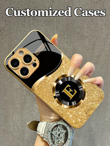 Customizable Name & 26 Letters Design Purple Rhinestone Heart Pattern Tempered Glass Phone Case, Compatible With 16 ProMax/15 Pro/14/13/12/11/Xs Max/8/7/6 Plus, S24/S25 Ultra, Gift For Boyfriend Girlf