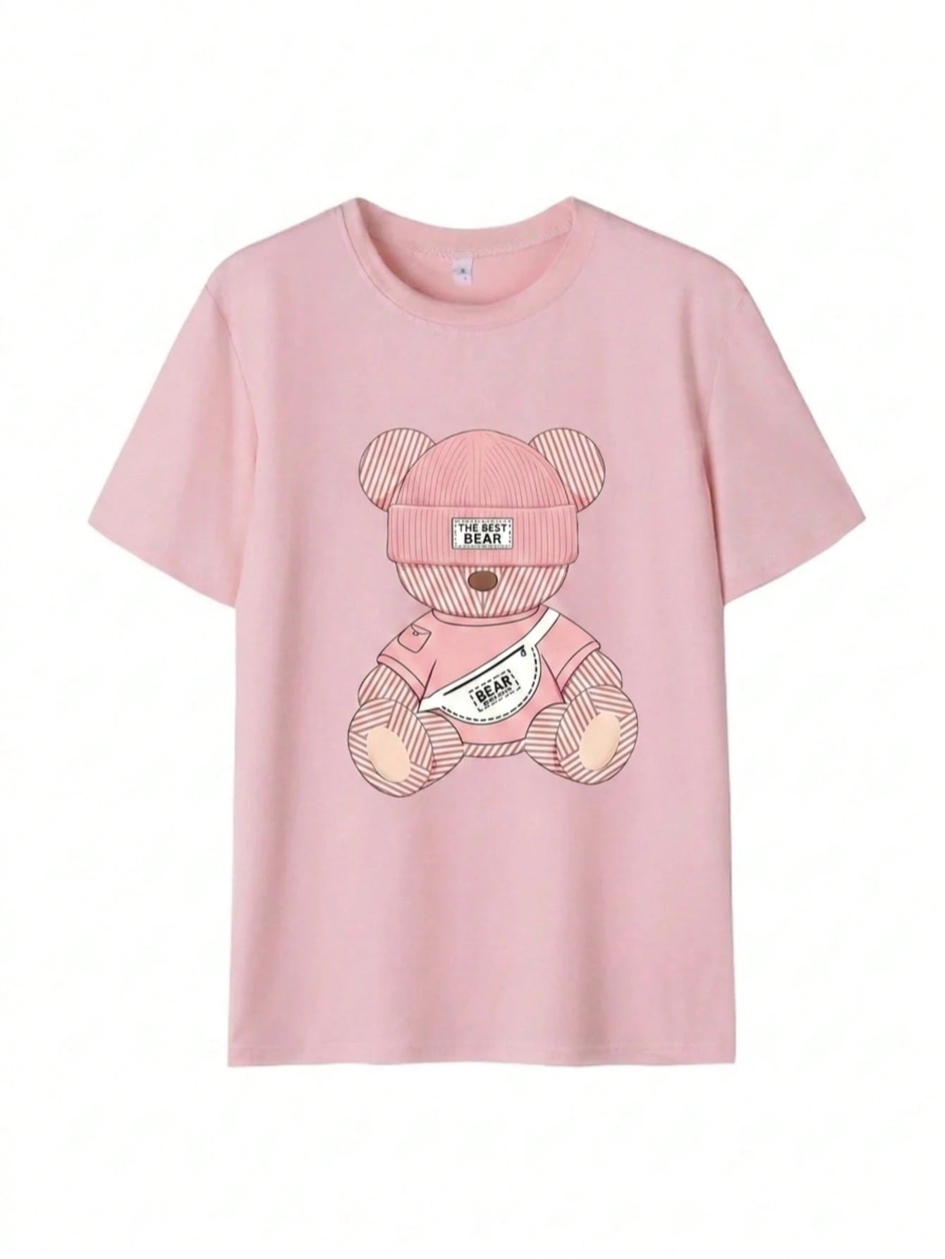 Cute Bear Graphic Tee, Kawaii Cartoon Print T-Shirt, Casual Streetwear Aesthetic Short Sleeve, Y2K Everyday Top Pink Summer