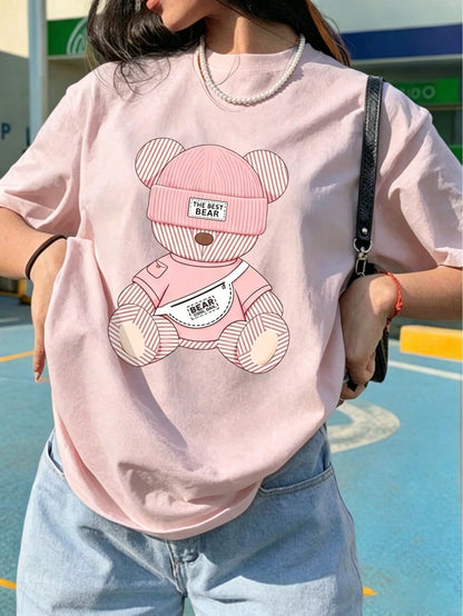 Cute Bear Graphic Tee, Kawaii Cartoon Print T-Shirt, Casual Streetwear Aesthetic Short Sleeve, Y2K Everyday Top Pink Summer